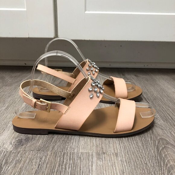 JCrew Women's Size 7 Sandals Crystal Embellished Blush Tan Leather Dual Strap - Picture 2 of 9